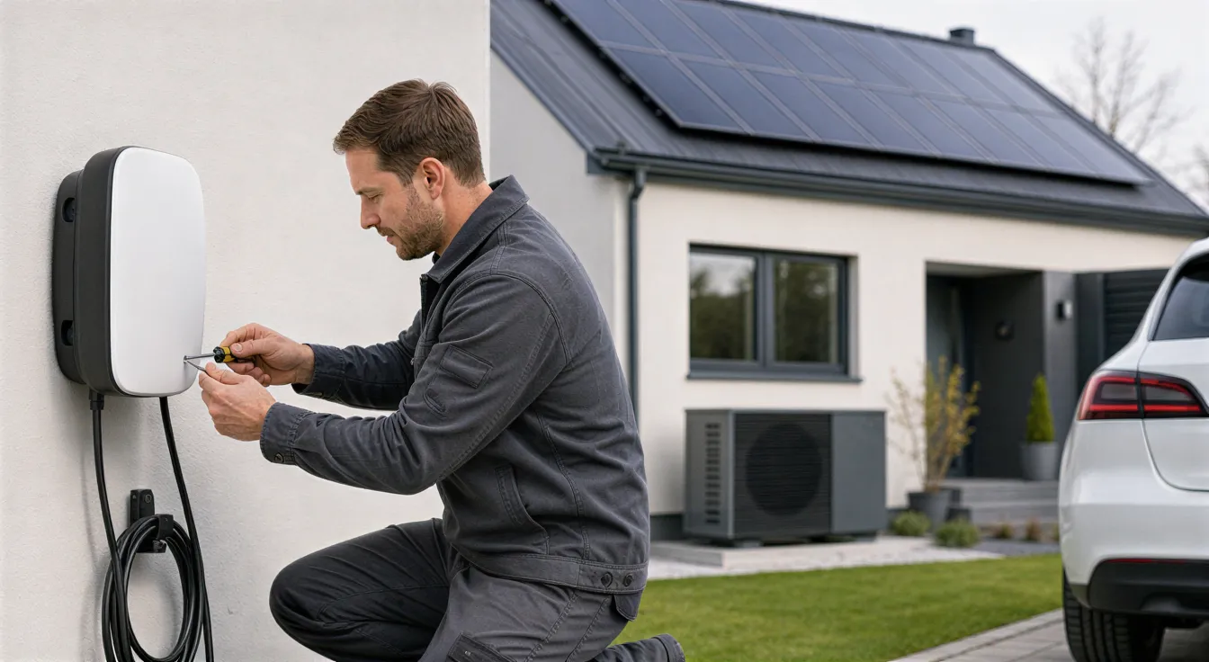 Ein Elektriker installiert eine moderne Wallbox für Elektroautos an der Außenwand eines Einfamilienhauses mit Solaranlage.