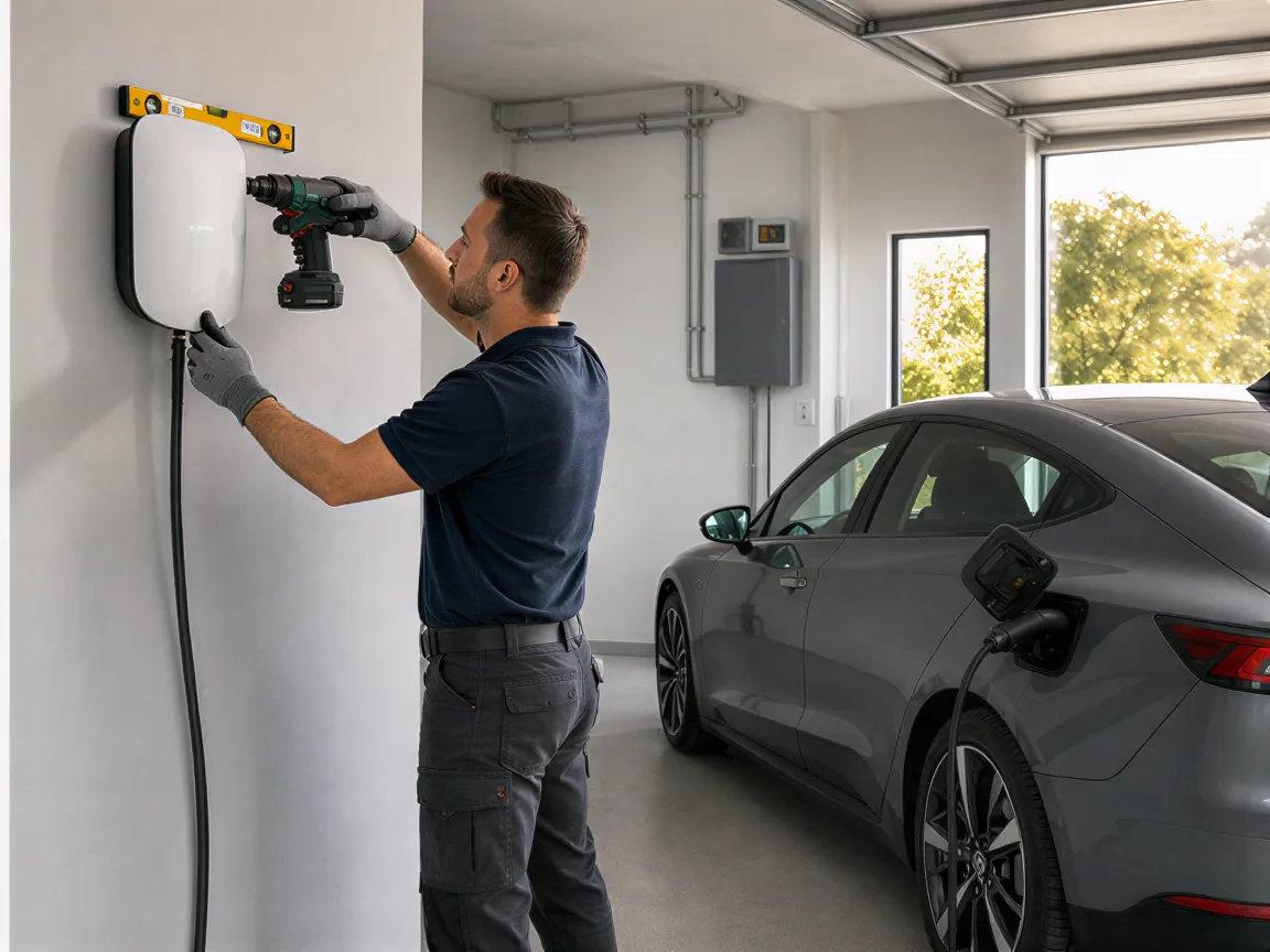 Ein Elektriker installiert eine Ladestation für Elektroautos in einer modernen Garage.