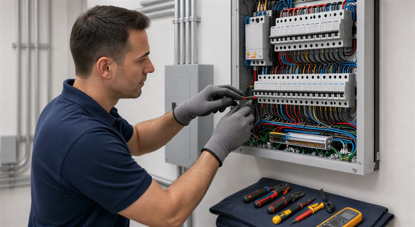 Ein Elektrifer verbindet sorgfältig Kabel in einem sauberen, modernen Wandverteiler in einem Wohnungsinstallationsraum.