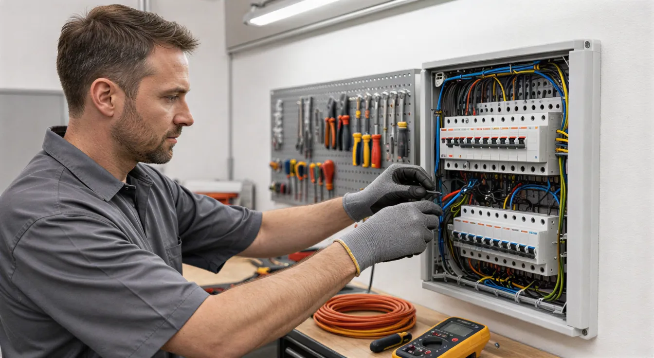 Ein Elektriker in Arbeitskleidung verbindet sorgfältig Kabel in einem sauberen, modernen Verteilerkasten.