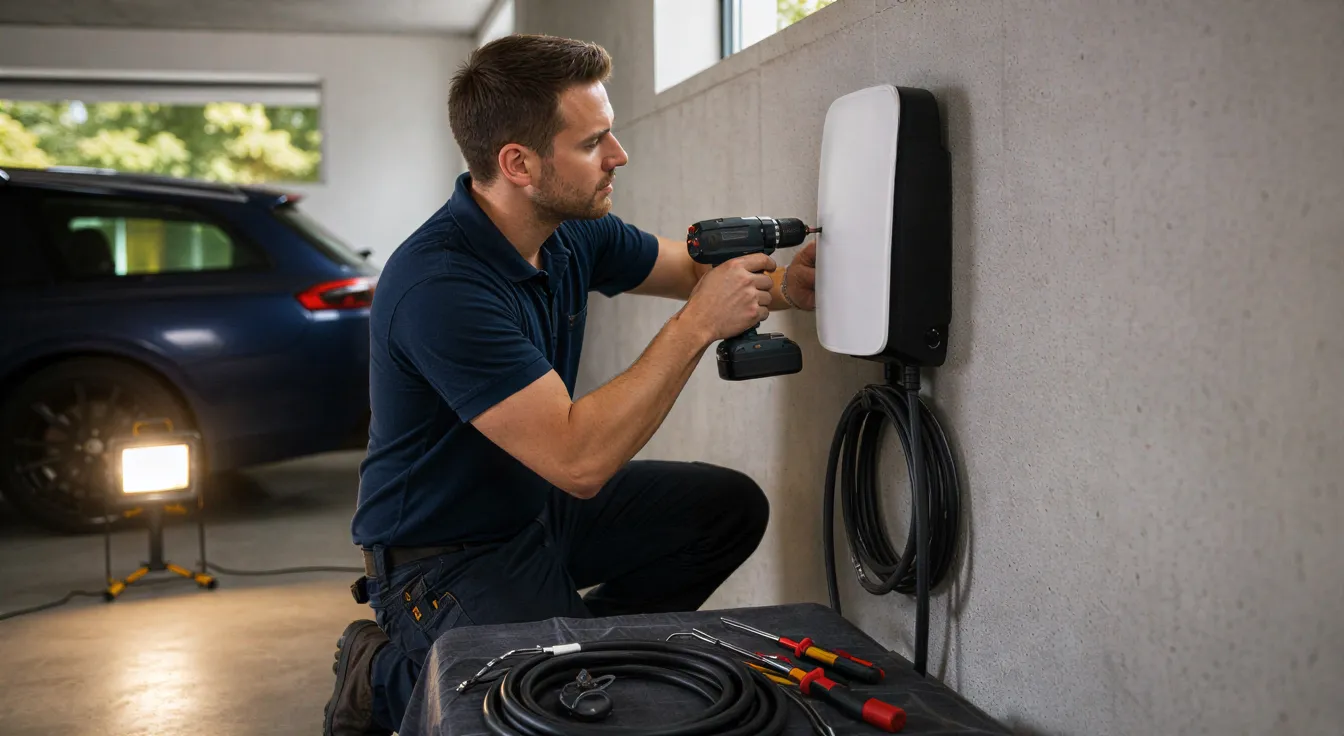 Ein Elektriker installiert eine weiße Ladestation für Elektroautos an einer hellgrauen Garagenwand.