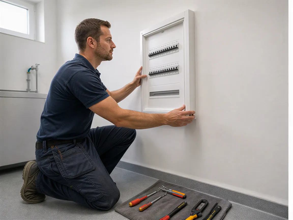 Ein Elektriker installiert sorgfältig einen weißen Stromkasten an einer sauberen Wand in einem modernen Technikraum.