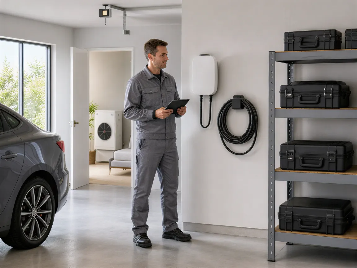 Ein Elektriker in grauer Arbeitskleidung prüft eine weiße Wallbox in einer hellen, modernen Garagenwerkstatt.