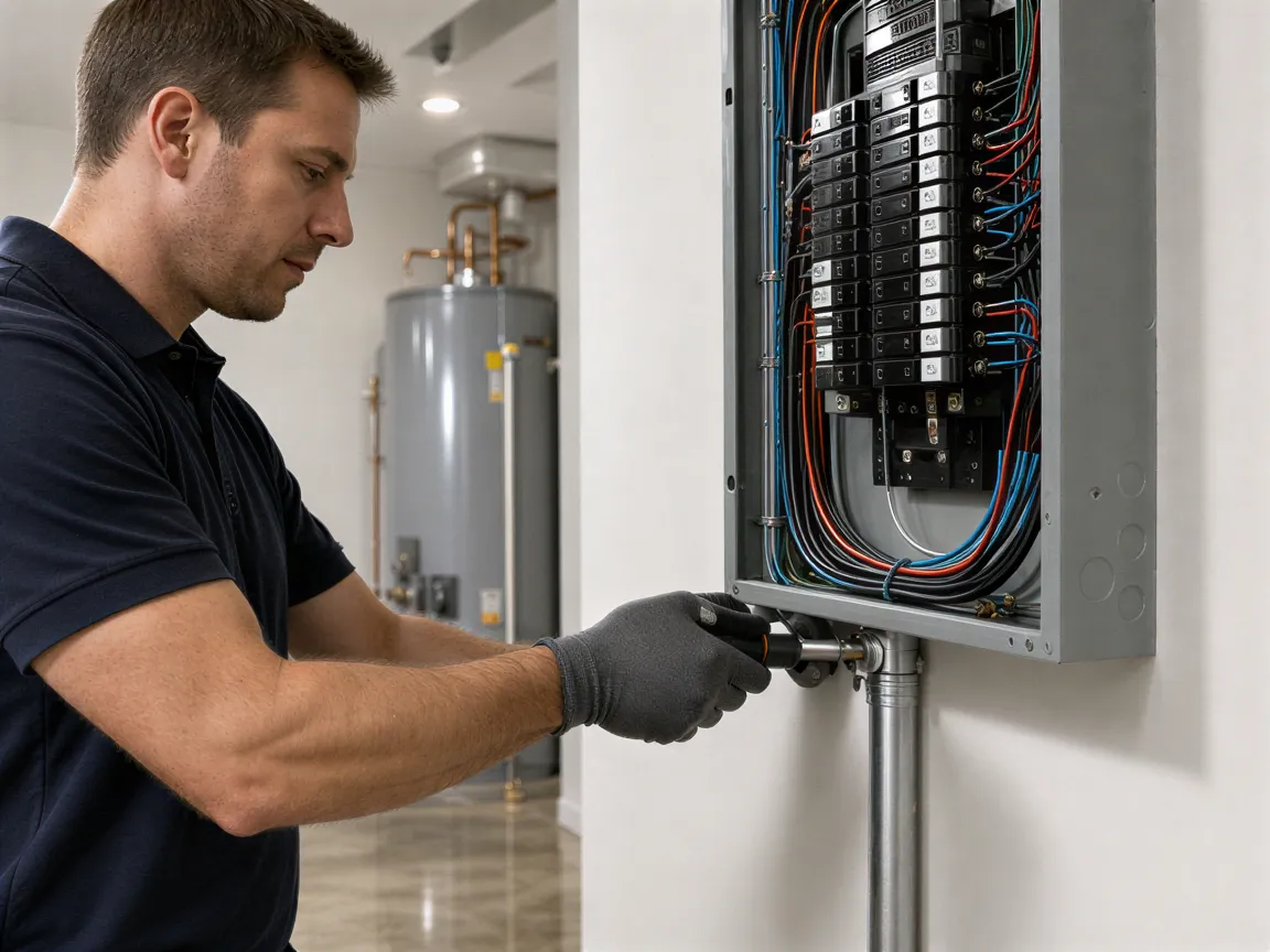 Ein Elektriker befestigt sorgfältig ein Kabelrohr in einem sauberen, modernen Elektroverteiler.