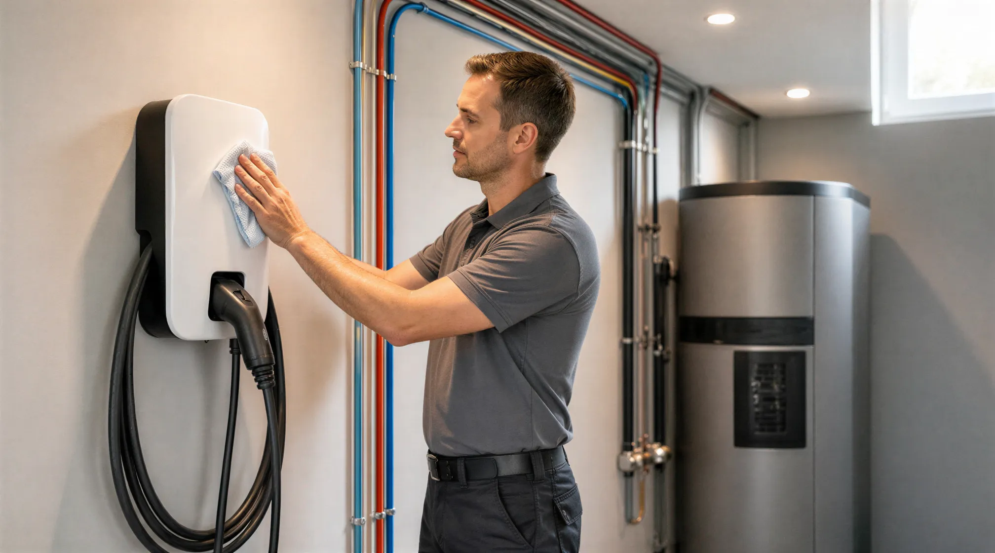 Ein Elektriker führt eine Endkontrolle an einer neu installierten Wandladestation für Elektroautos durch.