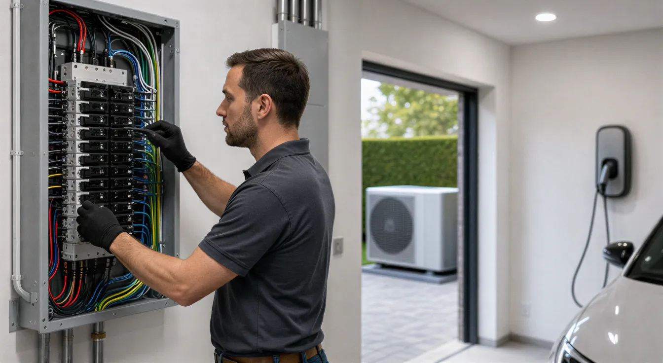 Ein Elektriker führt eine Endkontrolle an einem ordentlichen Sicherungskasten in einem modernen Technikraum durch.