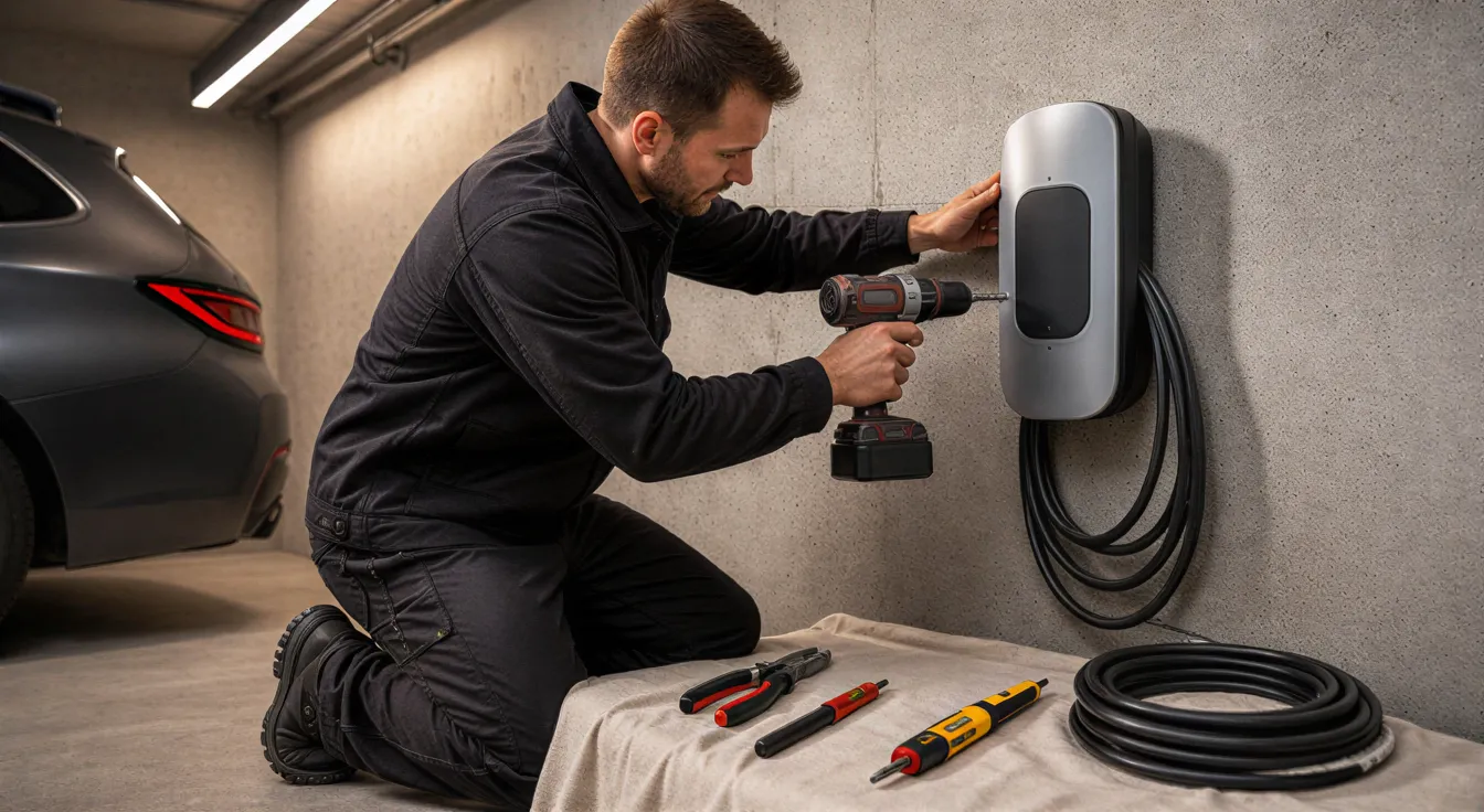 Ein Elektriker montiert eine moderne Wallbox für Elektroautos an einer Garagenwand, während Werkzeuge auf dem Boden liegen.