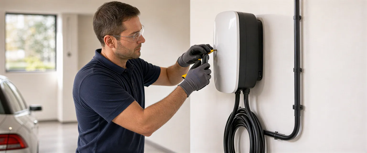 Ein Elektriker installiert eine Wandladestation für Elektroautos in einer sauberen Garage mit weißer Wand und Betonboden.