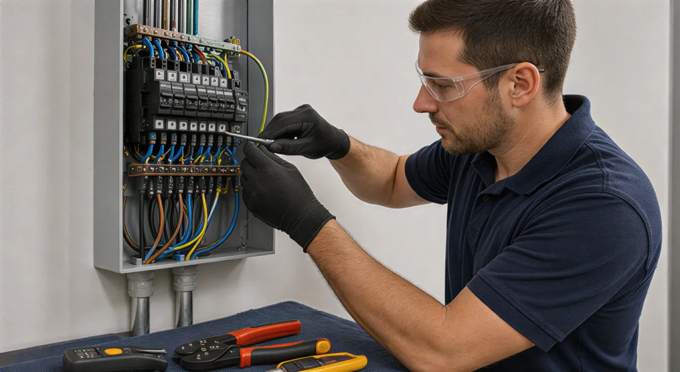 Ein Elektriker verbindet mehrfarbige Drähte in einem neuen Sicherungskasten in einem modernen Wohngebäude.