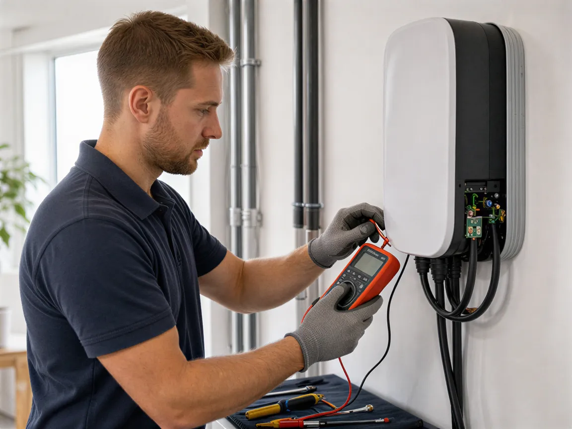 Ein Elektriker installiert eine Wandladestation für Elektroautos in einem modernen Technikraum.