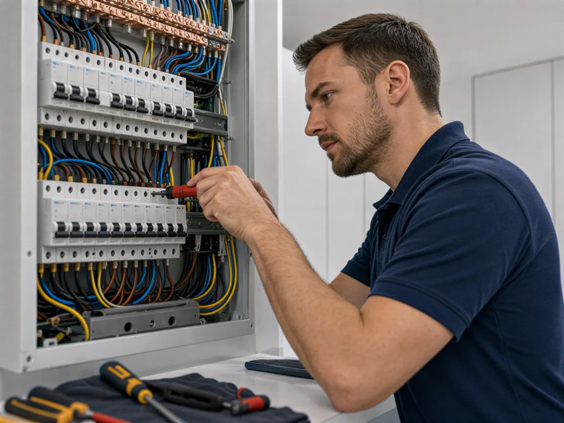 Ein Elektriker in dunkelblauer Arbeitskleidung installiert präzise Kabel in einem sauberen Wandverteiler.