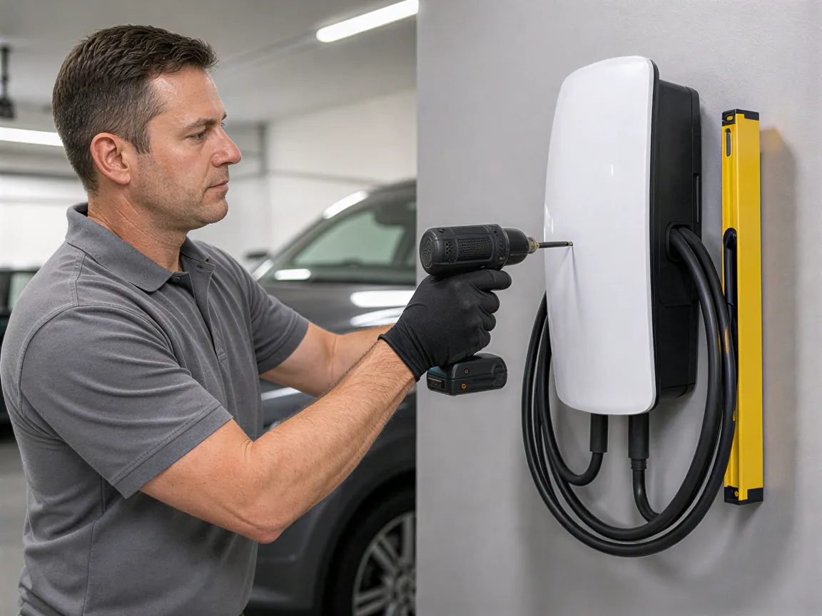 Ein Elektriker installiert eine moderne Wallbox für Elektroautos an einer Garagenwand.
