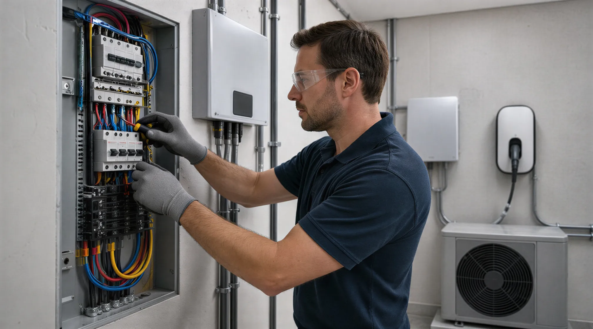 Ein Elektriker verbindet Drähte in einem modernen Verteilerkasten, umgeben von einer Wärmepumpe und einer Wallbox.