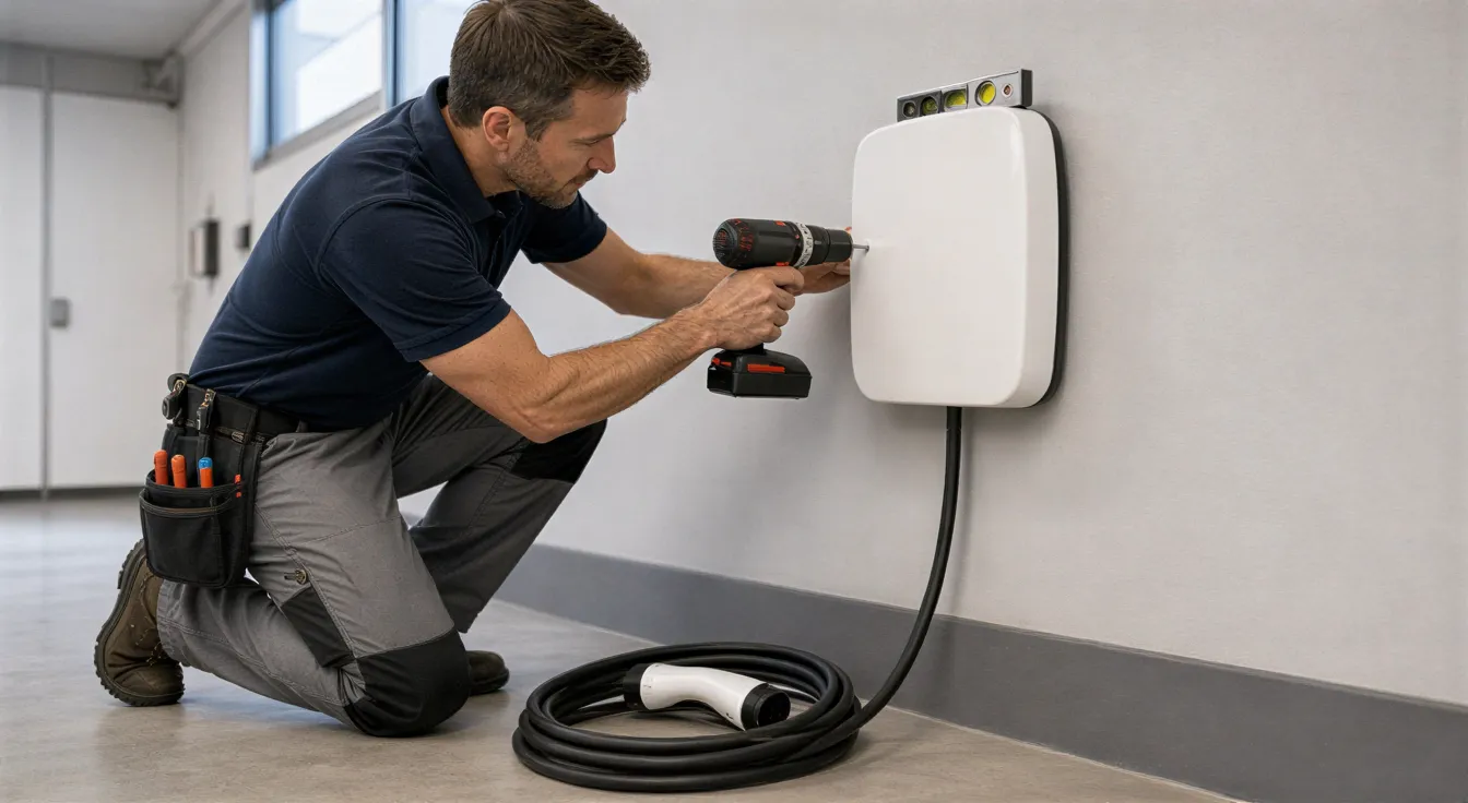 Ein Elektriker installiert eine weiße Wallbox für Elektroautos an einer hellgrauen Garagenwand.