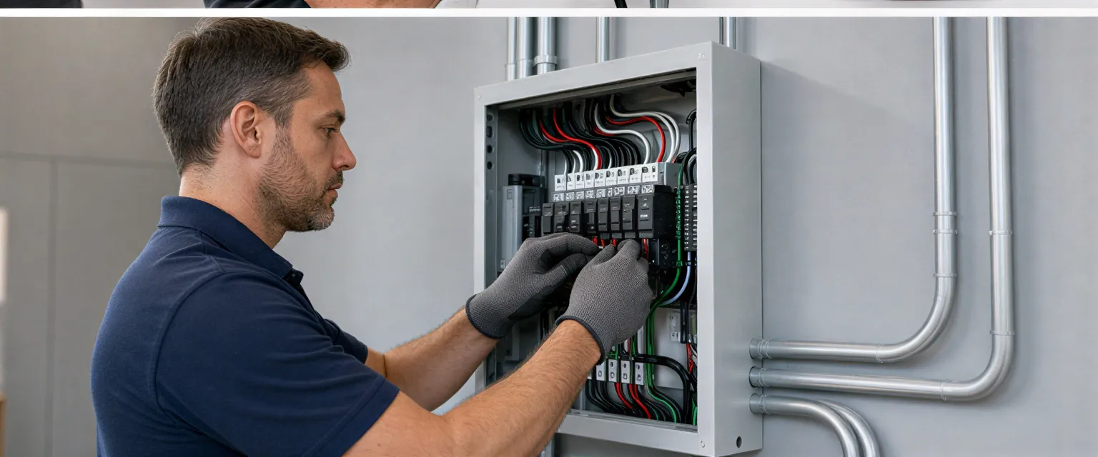 Ein Elektriker verbindet Drähte in einem modernen Wandverteiler in einem sauberen Technikraum.