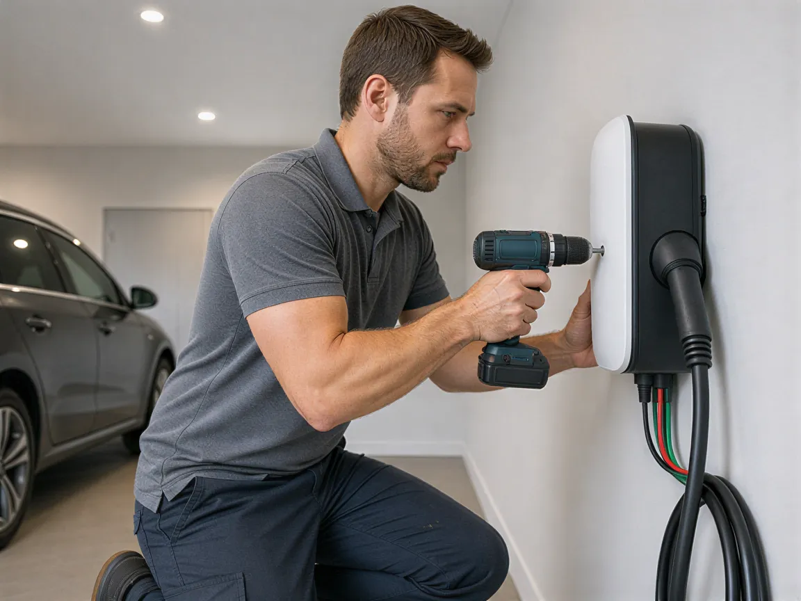 Ein Elektriker installiert eine Wandladestation für Elektroautos in einem modernen Technikraum.