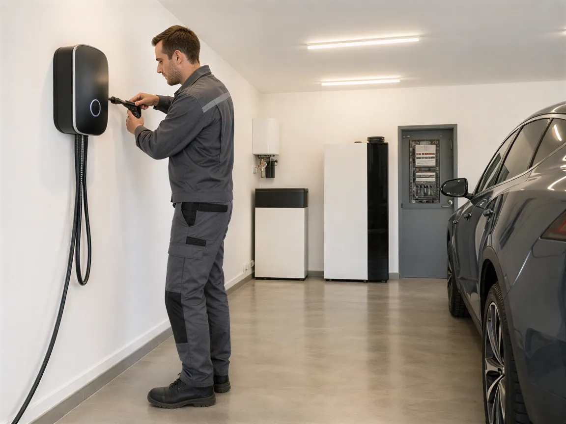 Ein Elektriker installiert eine moderne Wallbox für Elektroautos an einer weißen Garagenwand.
