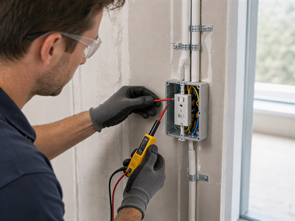 Ein Elektriker installiert eine Steckdose in einer Neubauwohnung mit sauberen Werkzeugen.