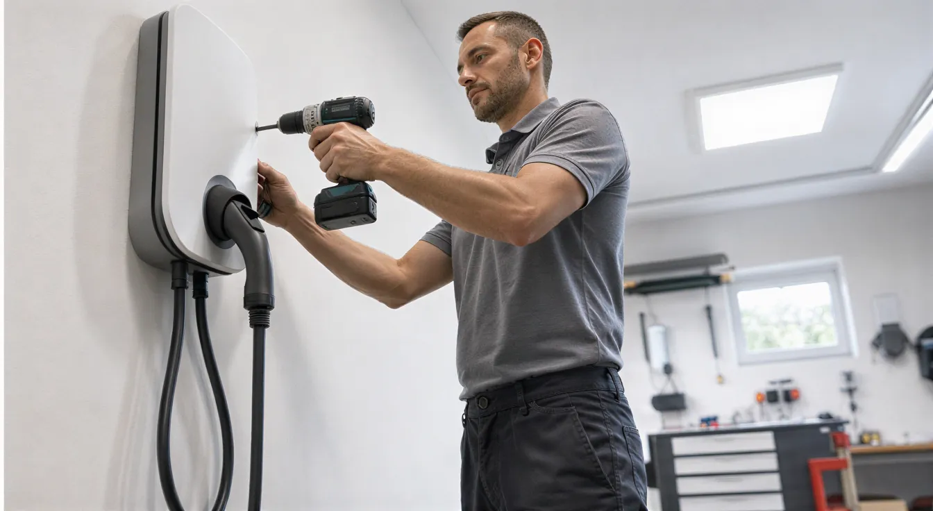 Ein Elektriker montiert eine moderne Wallbox für Elektroautos an einer weißen Wand in einer Garage.