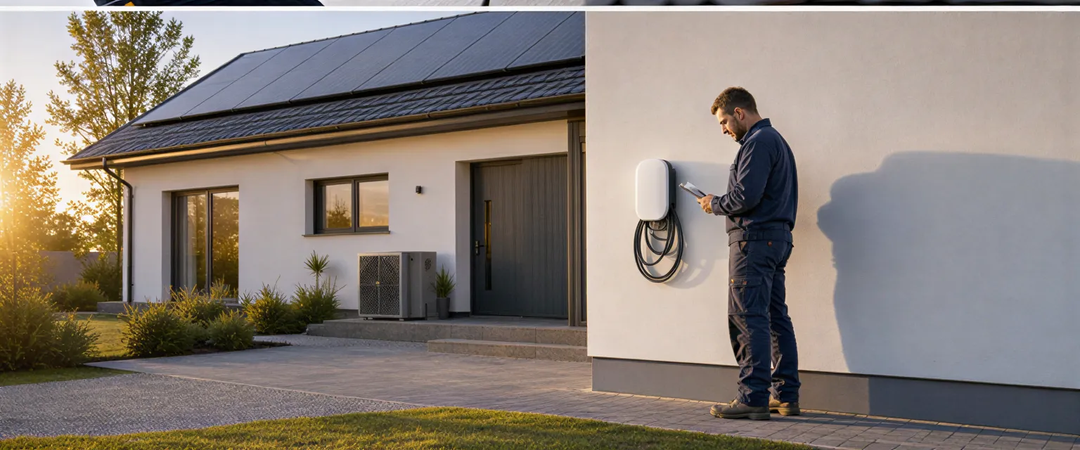 Ein Elektriker prüft eine Wallbox an einem modernen Haus mit Solaranlage in der Abendsonne.