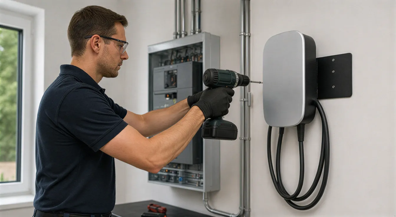 Ein Elektriker installiert eine moderne Wallbox für Elektroautos an einer sauberen Innenwand.