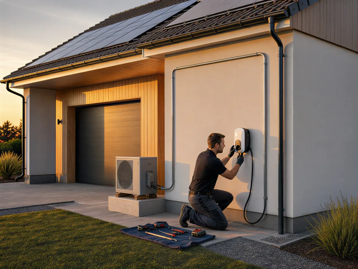 Ein Elektriker installiert eine Wallbox an einer Garage während der goldenen Stunde.