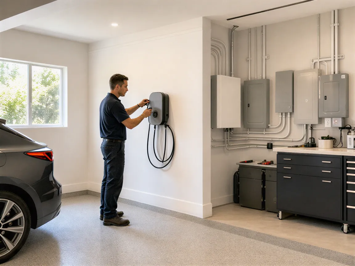 Ein Elektriker installiert eine moderne Wallbox für Elektroautos an einer weißen Wand in einer Garage.