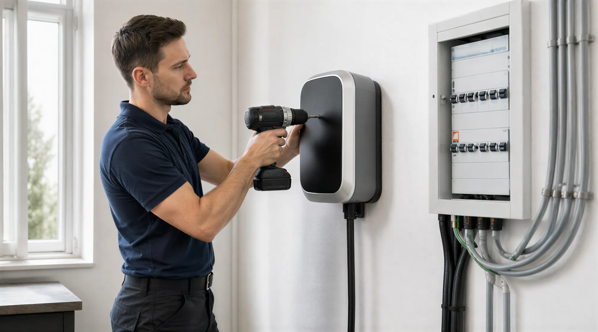 Ein Elektriker installiert eine Wandladestation für Elektroautos in einem modernen Technikraum.