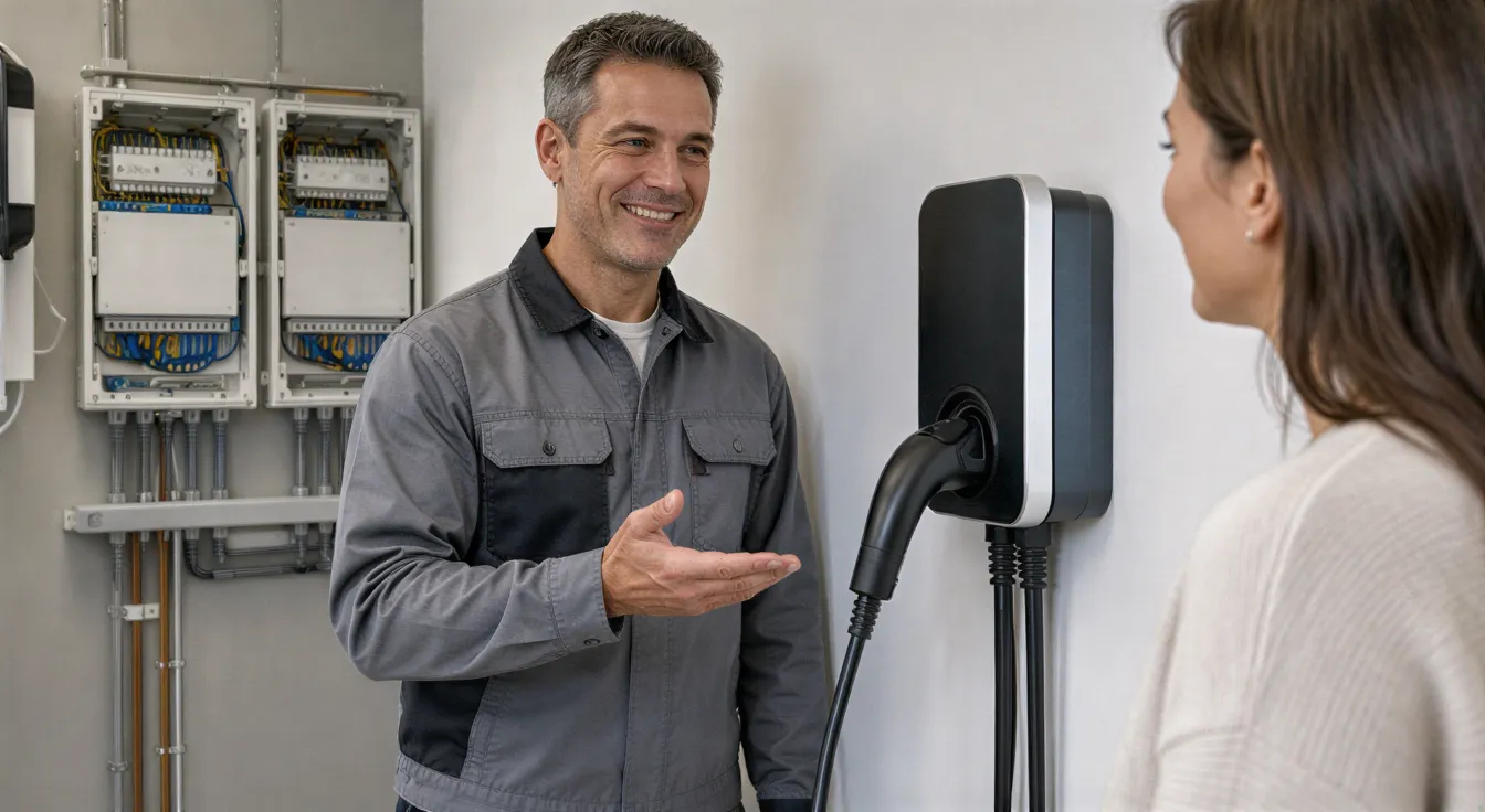 Ein Elektriker präsentiert lächelnd eine neu installierte Wallbox für Elektroautos in einem sauberen Technikraum.
