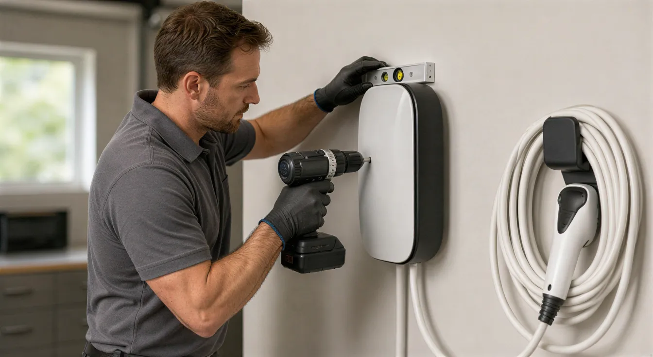 Ein Elektriker installiert eine moderne Wallbox für Elektroautos an einer hellen Garagenwand.