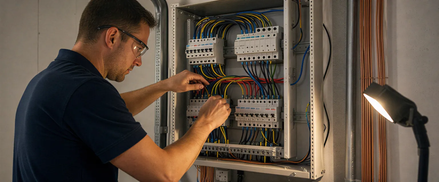 Ein Elektriker verbindet farbige Drähte in einem modernen Wandverteiler in einem sauberen Technikraum.