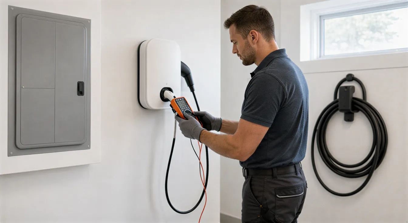 Ein Elektriker prüft mit einem Multimeter eine neu installierte Wallbox-Ladestation in einem modernen Technikraum.