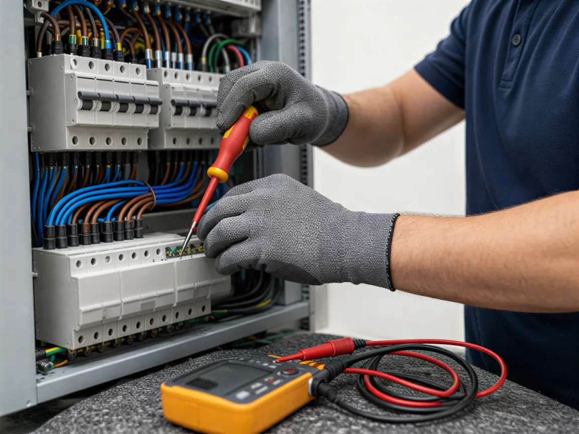 Ein Elektriker verbindet farblich kodierte Kabel in einem neuen grauen Sicherungskasten mit Schraubendreher und Multimeter.
