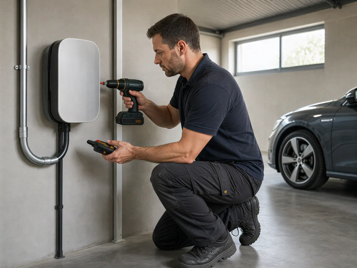 Ein Elektriker installiert eine moderne Wallbox für ein Elektroauto in einer sauberen Garage.