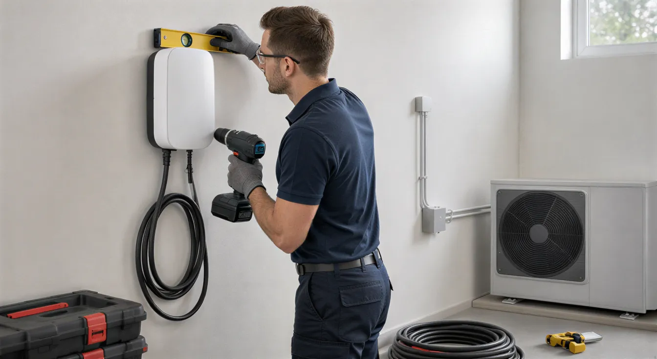 Ein Elektriker installiert eine weiße Wallbox für Elektroautos in einem modernen Hauswirtschaftsraum.