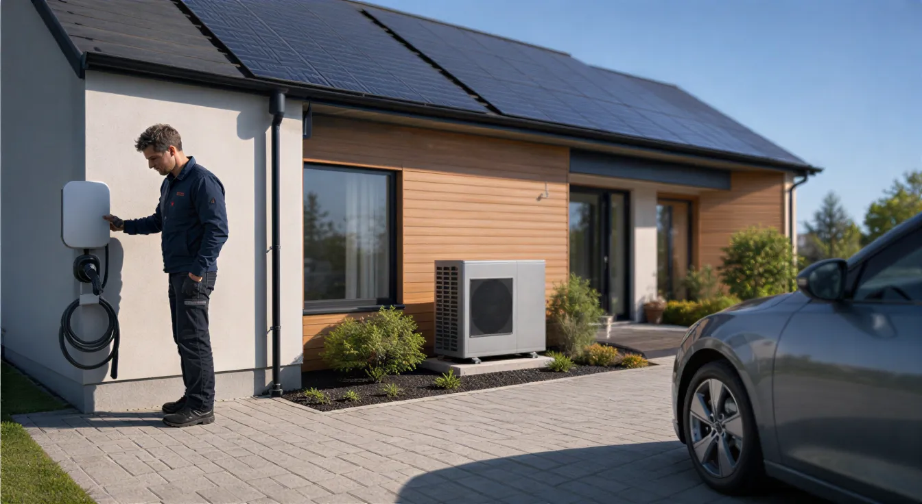 Ein Techniker prüft eine Wallbox an einem modernen Haus mit Solaranlage und Wärmepumpe.