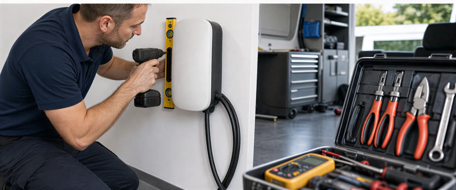 Ein Elektriker installiert eine moderne Wallbox an einer weißen Wand in einer sauberen Werkstatt.