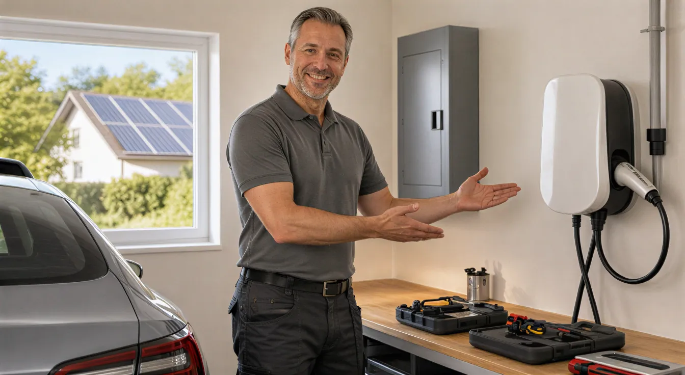 Ein Elektriker zeigt lächelnd eine neu installierte Wallbox für Elektroautos in einer modernen Garage.