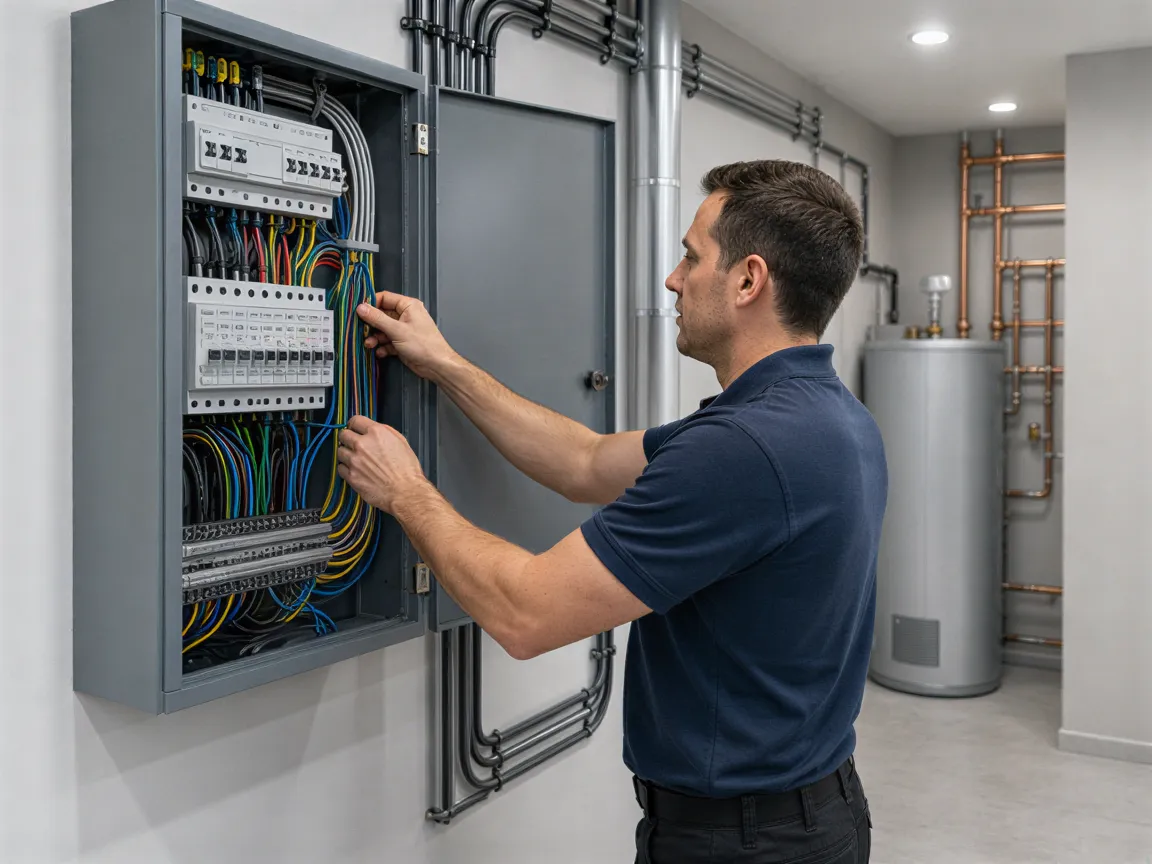 Ein Elektriker in blauem Polo installiert farblich gekennzeichnete Kabel in einem grauen Verteilerkasten.