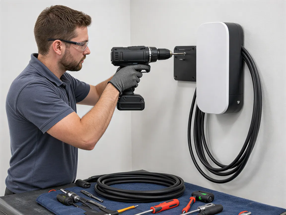 Ein Elektriker installiert eine Wandladestation für Elektroautos in einem modernen Wohngebäude.