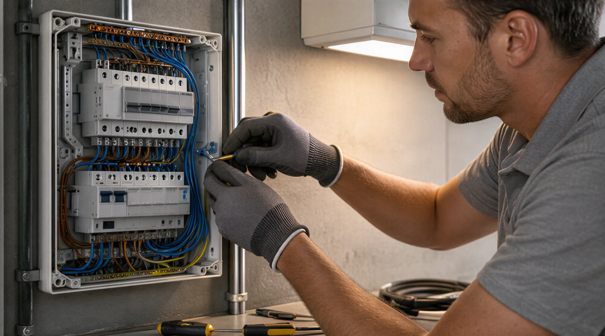 Ein Elektriker verbindet Drähte in einer modernen Wandverteilung, umgeben von ordentlichen Werkzeugen und Kabeln.