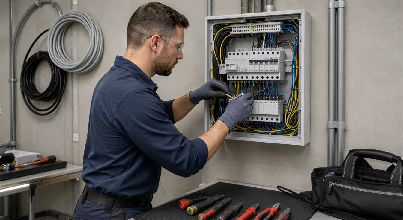 Ein Elektriker in Uniform verbindet präzise Kabel in einem modernen Sicherungskasten in einem sauberen Technikraum.