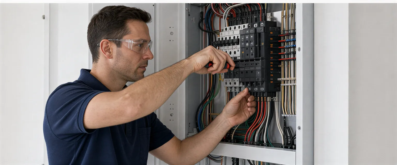 Ein Elektriker verbindet farblich kodierte Drähte an einem Schaltkasten in einem sauberen Technikraum.