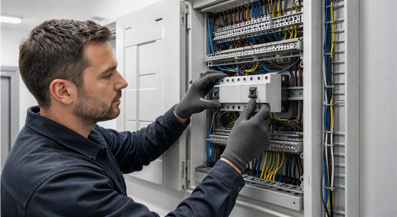 Ein Elektriker installiert einen Schaltkreis in einem sauberen, modernen Verteilerpanel mit farbcodierten Kabeln.