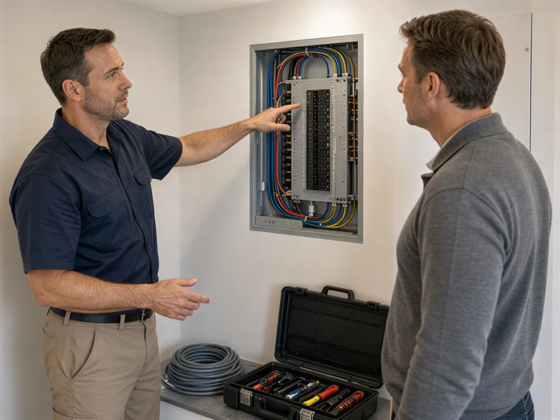 Ein Elektriker erklärt einem Hausbesitzer die neue, farbcodierte Elektroverteilung in einem modernen Technikraum.