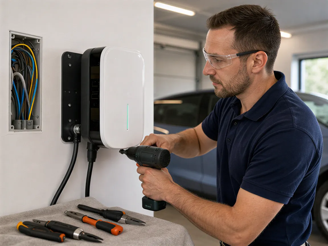 Ein Elektriker installiert eine Wandladestation für Elektroautos in einer sauberen Garage.