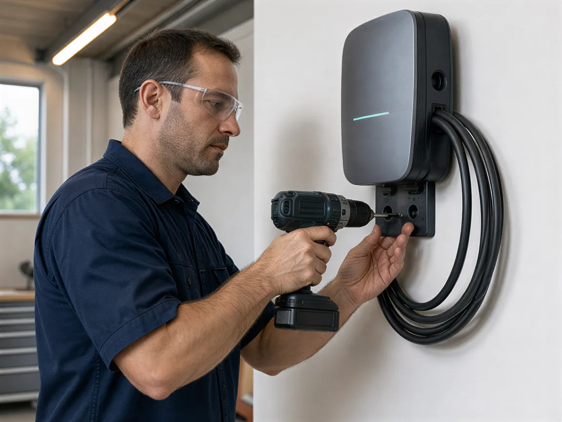 Ein Elektriker installiert konzentriert eine moderne Wallbox-Ladestation an einer weißen Garagenwand.