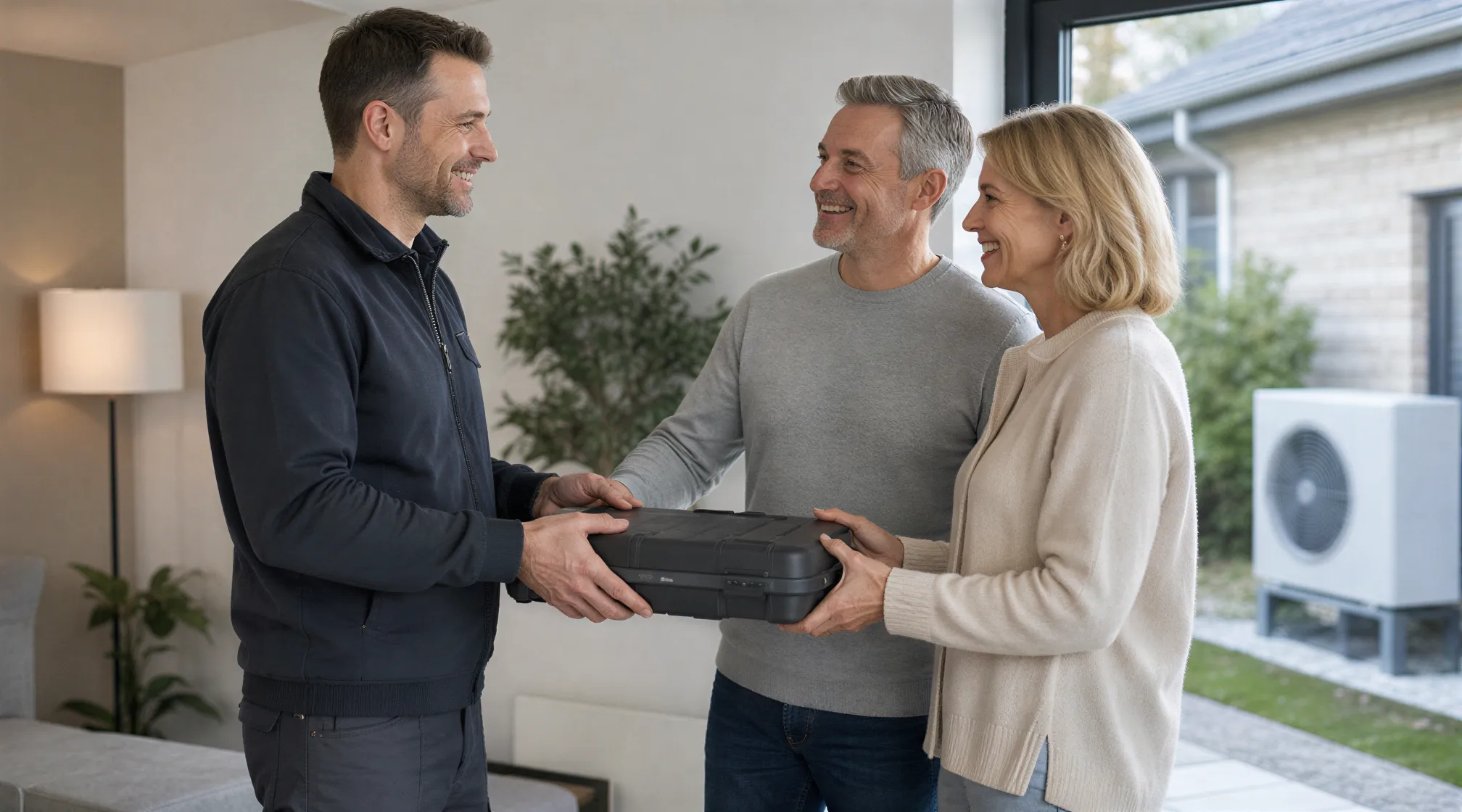 Ein Elektriker übergibt eine Werkzeugtasche an ein zufriedenes Hausbesitzerpaar in einem modernen Wohnzimmer.