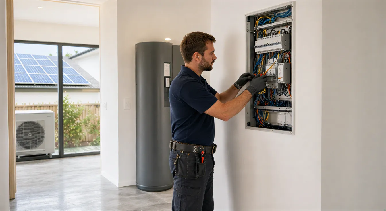 Ein Elektriker installiert einen modernen Wandverteiler in einem hellen Technikraum eines Neubaus.