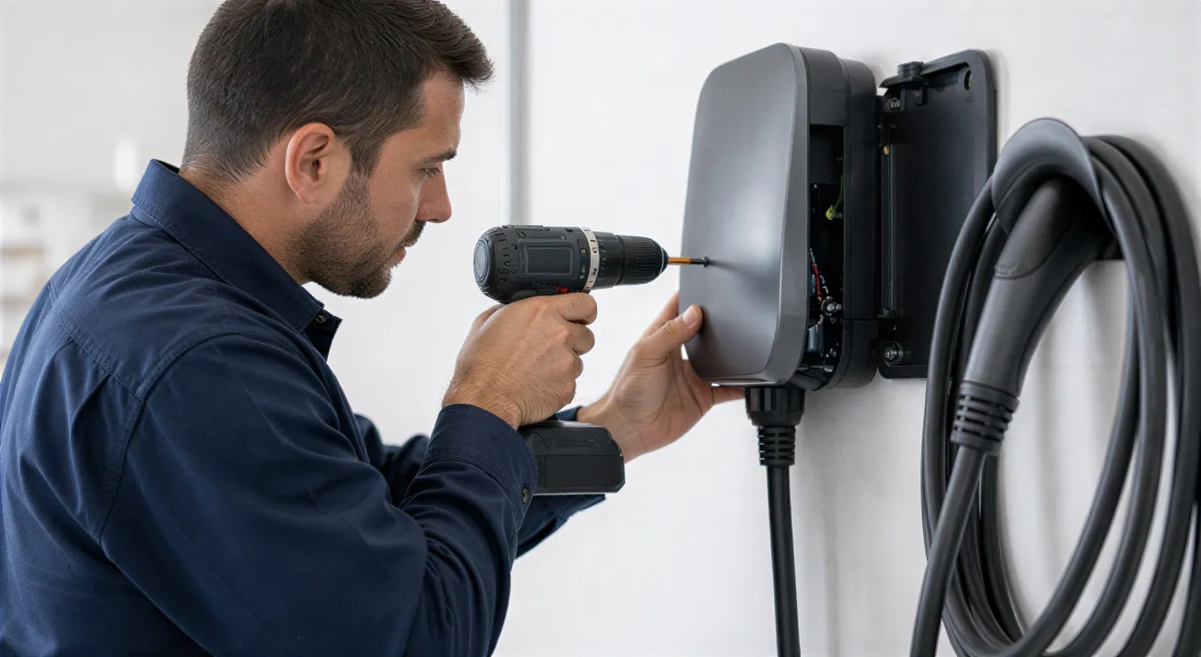 Ein Elektriker installiert eine moderne Wallbox für Elektroautos an einer weißen Garagenwand.